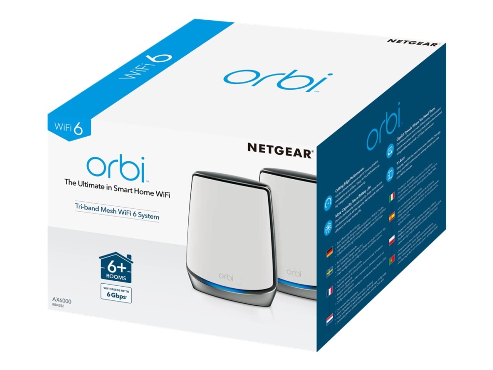 Netgear Orbi Wifi System Rbk852 - Wi-Fi-System - (Ruter, Utvider) - Inntil 350 Kvm - Maske 1Gbe, 2.5Gbe - Wi-Fi 5, Wi-Fi 6 - Tri-Band